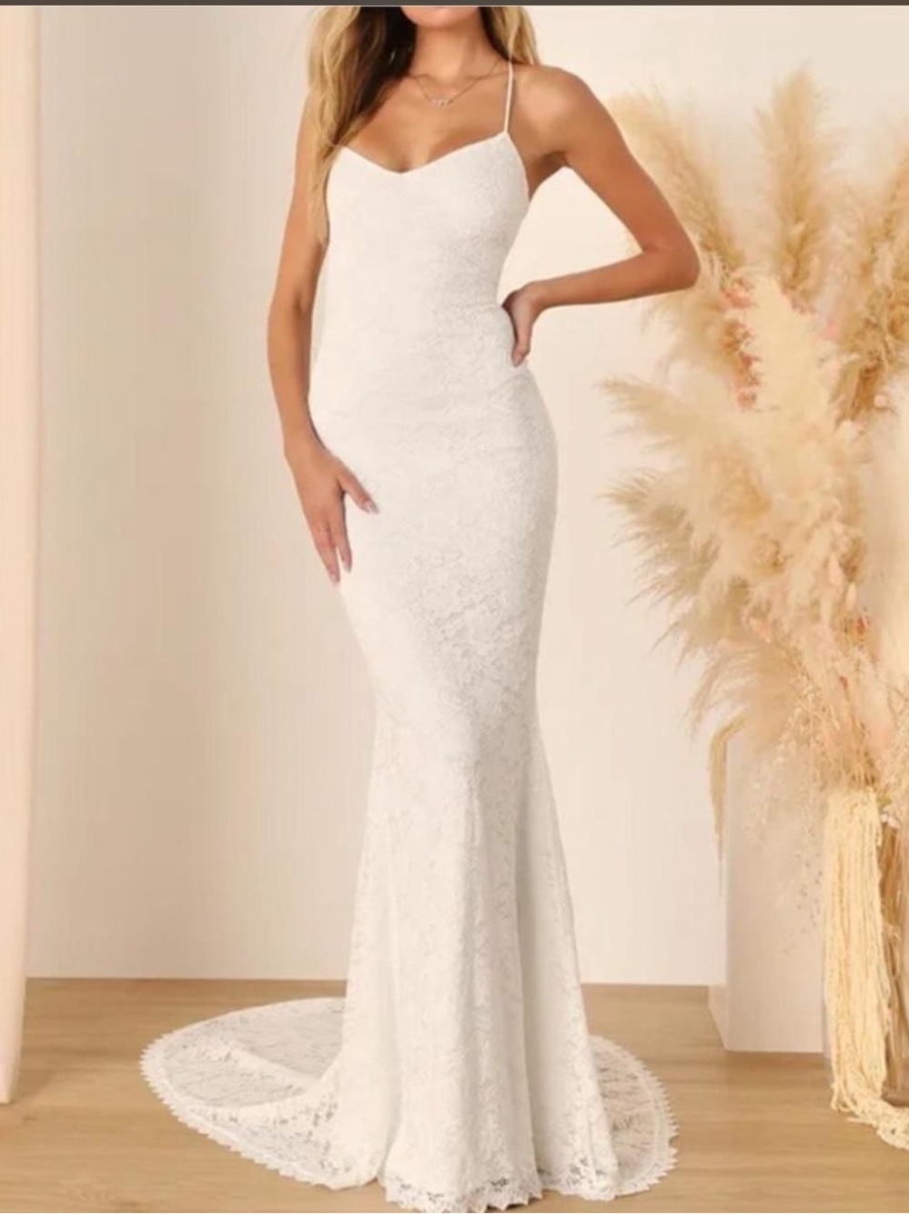 Lulus “Perfectly Beloved White Lace Sleeveless Lace-Up Maxi Dress”